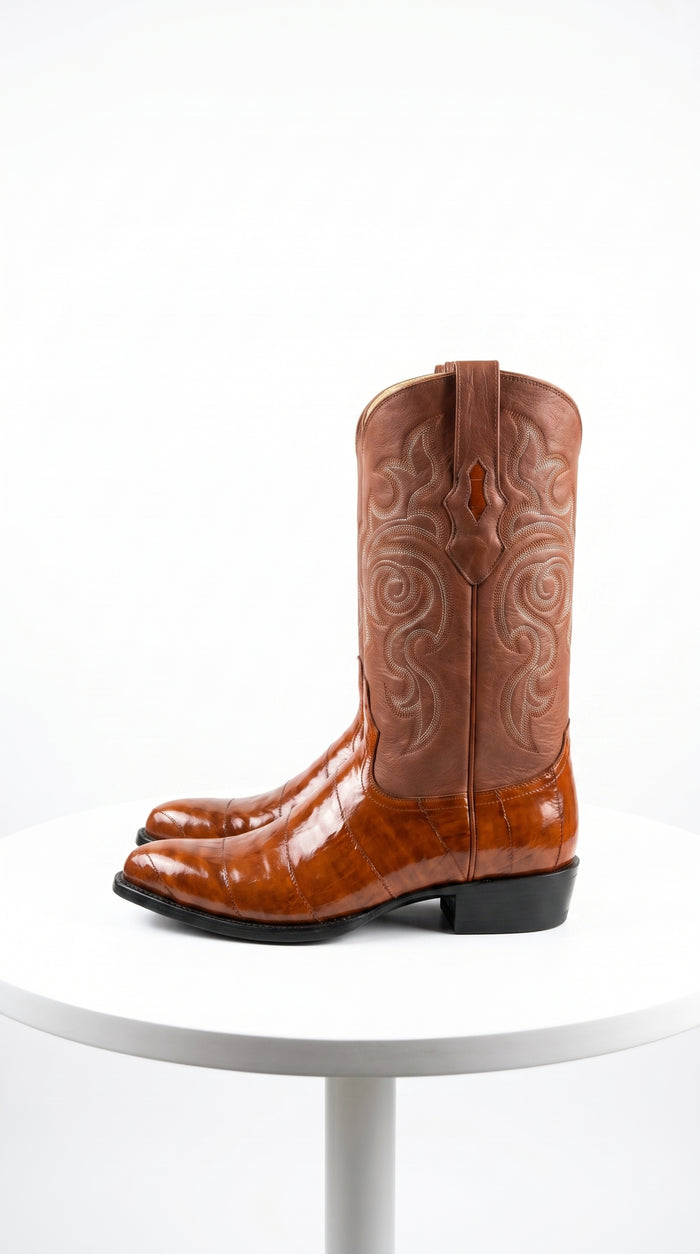 Men’s Cognac Eel Skin Western Boots, Exotic Cowboy Dress Boots for Ranch and Country Wear