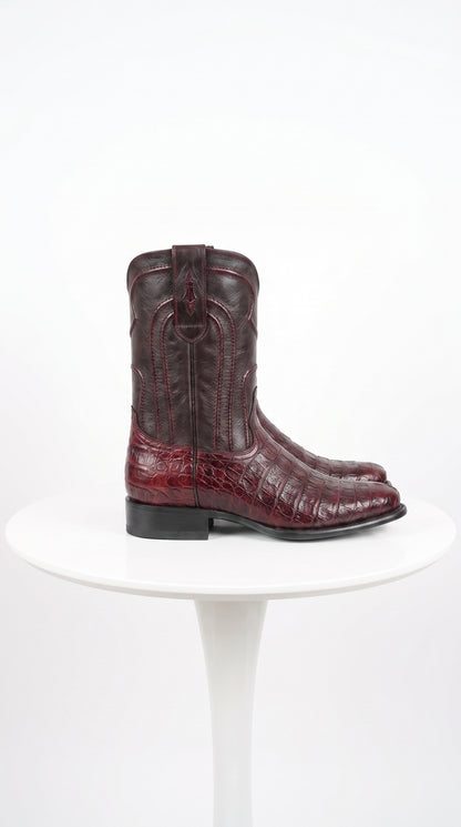 Los Altos Men’s Cherry Black Genuine Caiman Belly Roper Toe Boots, Exotic Western Dress Boots