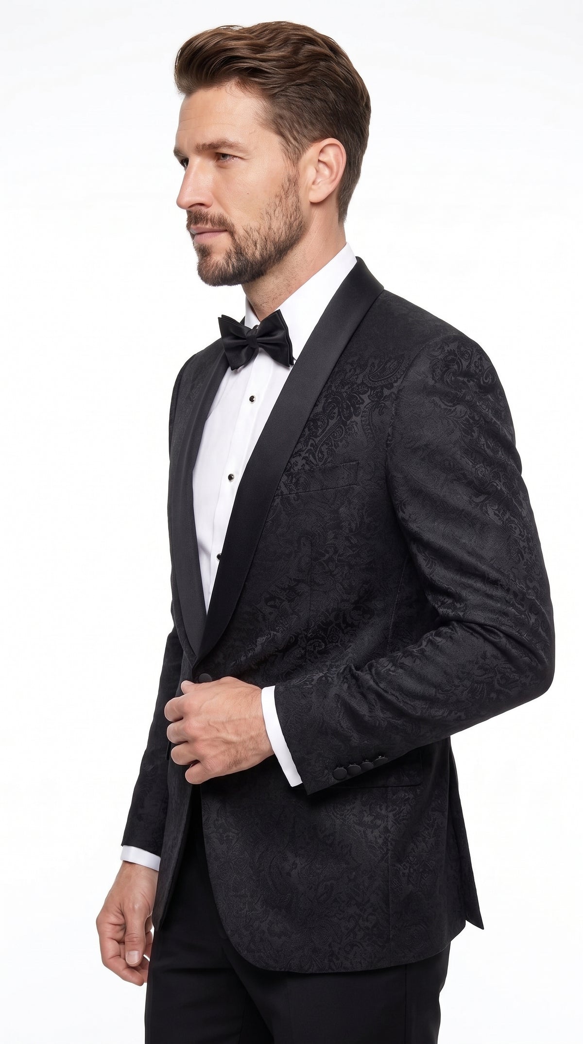 Men’s Black Fancy Pattern Sport Coat – One Button Formal Dinner Jacket with Shawl Lapel