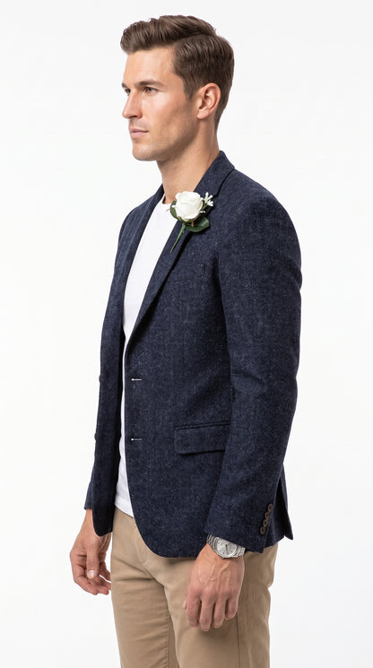 Men’s Navy Herringbone Tweed Blazer – Classic Two Button Sport Coat for Weddings, Business & Smart Casual Wear