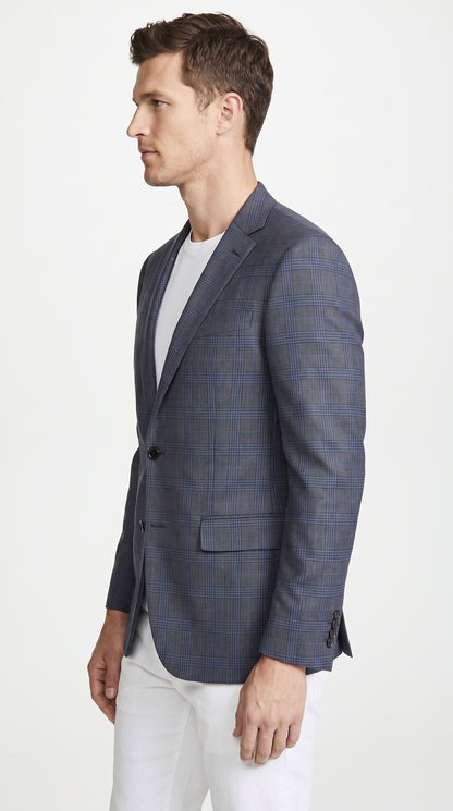 Men’s Charcoal Grey & Blue Plaid Blazer – Windowpane Pattern Sport Coat for Business, Wedding & Formal Wear