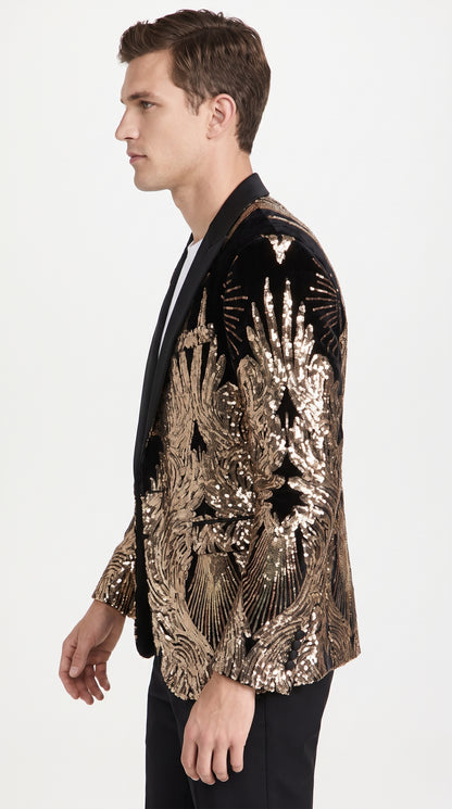 Men’s Black & Gold Peacock Sequin Tuxedo Jacket – Luxury Prom, Wedding & Party Blazer with Black Shawl Lapel