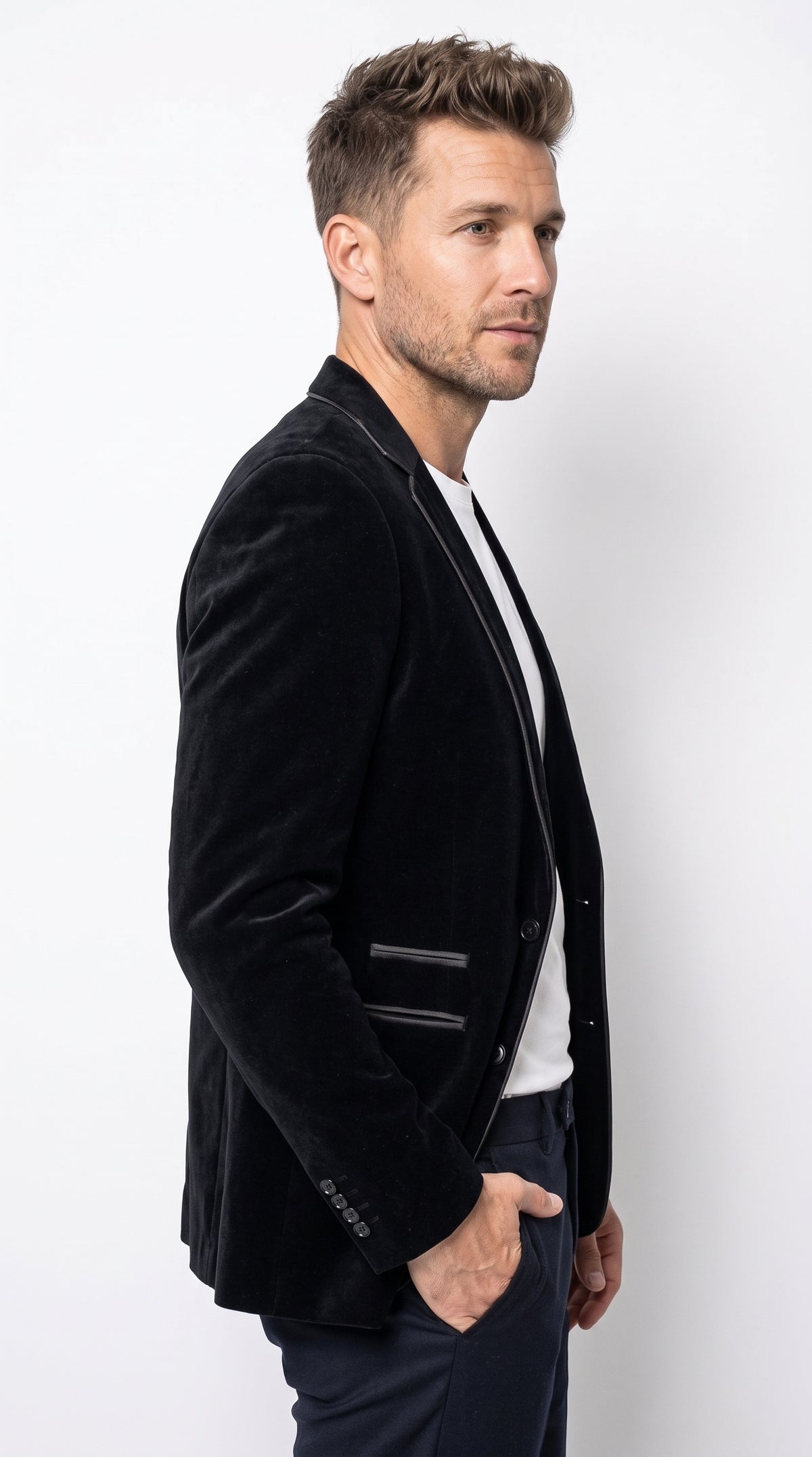 Men's Black Prom Party Blazer – Modern Fit 2-Button Velvet-Style Designer Dinner Jacket with Contrast Piping
