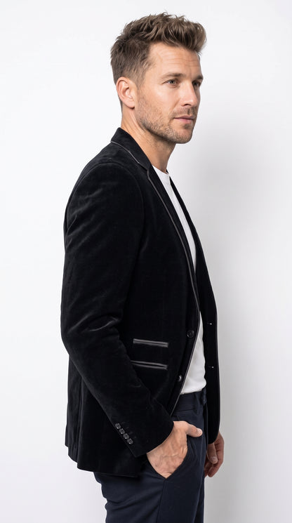 Men's Black Prom Party Blazer – Modern Fit 2-Button Velvet-Style Designer Dinner Jacket with Contrast Piping