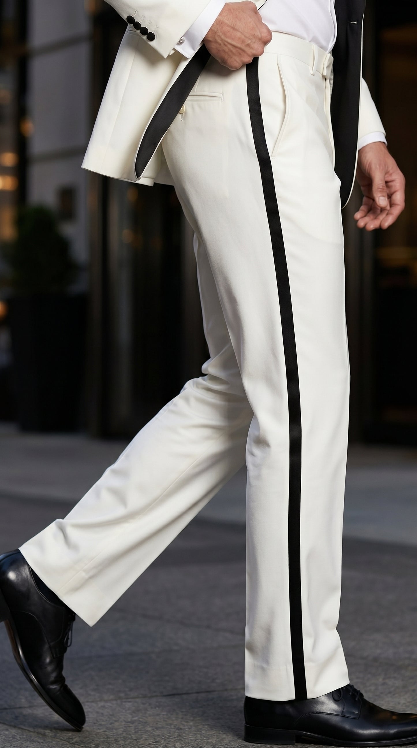 Men’s Ivory Tuxedo Pants with Black Satin Stripe, Flat Front Formal Dress Trousers