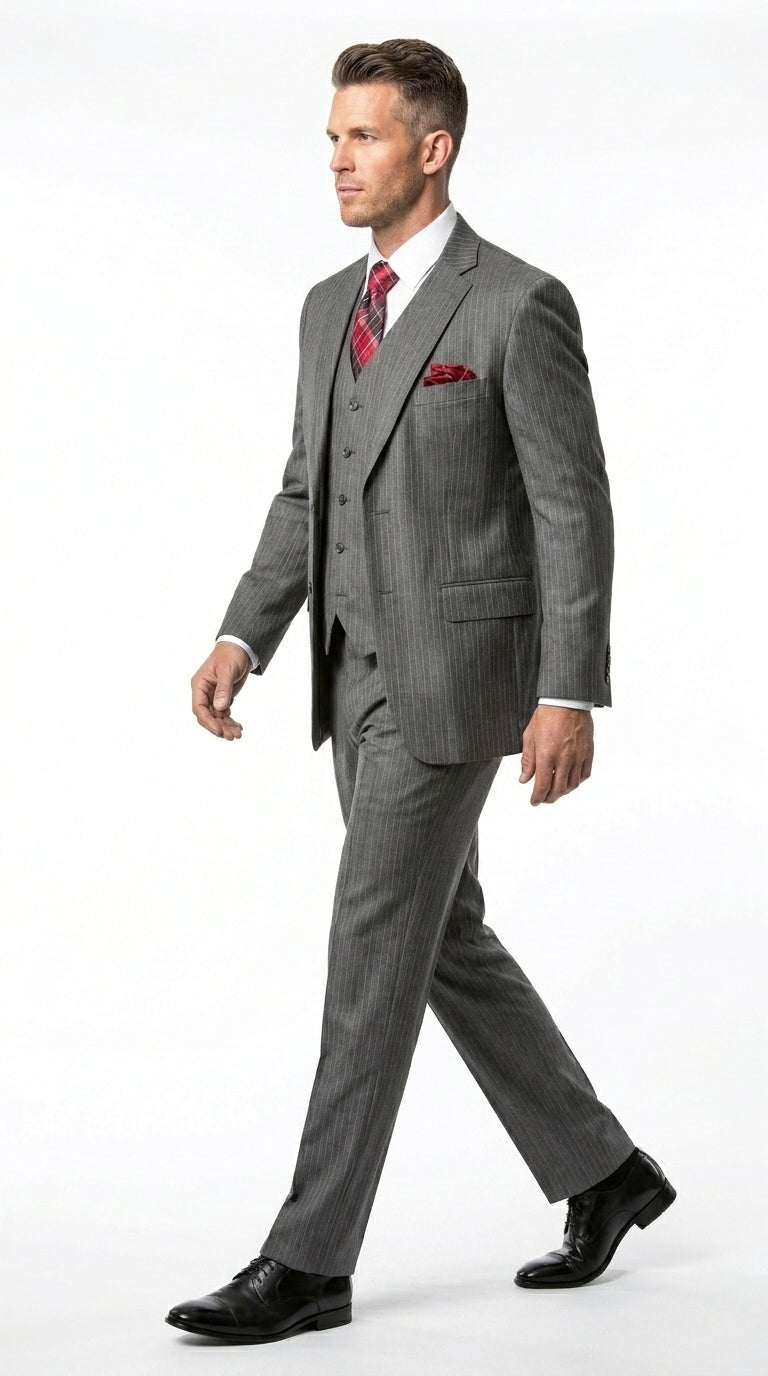 Men’s Medium Grey Classic Vested Pinstripe Suit with Jacket, Vest and Pants, Formal Dress Suit