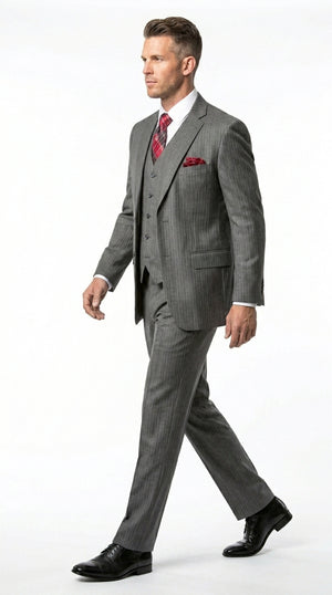 Men’s Medium Grey Classic Vested Pinstripe Suit with Jacket, Vest and Pants, Formal Dress Suit