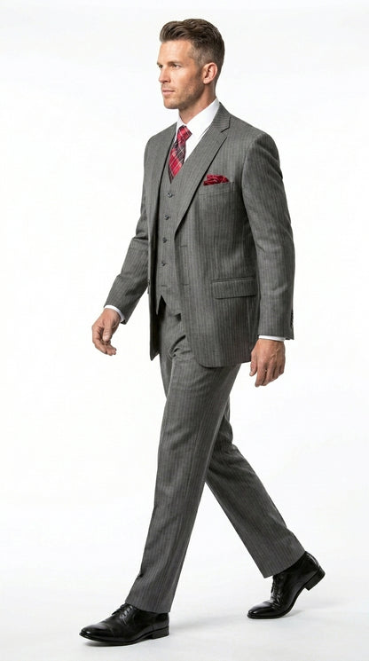 Men’s Medium Grey Classic Vested Pinstripe Suit with Jacket, Vest and Pants, Formal Dress Suit
