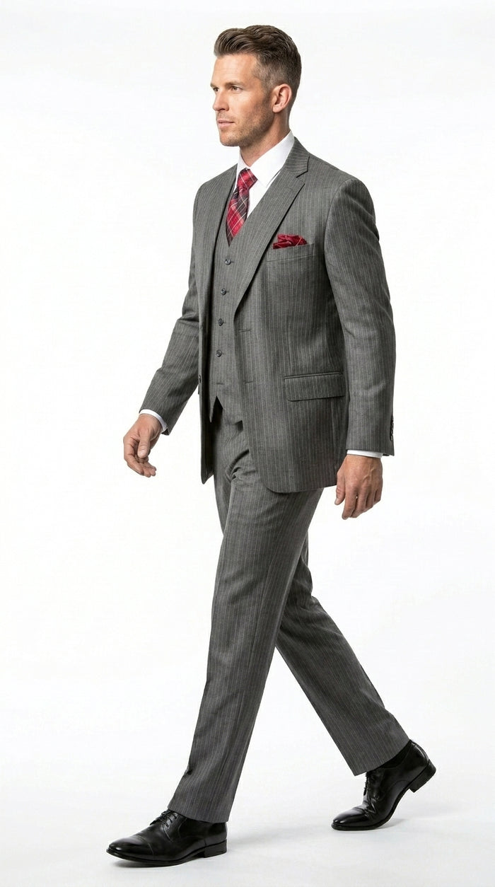 Men’s Medium Grey Classic Vested Pinstripe Suit with Jacket, Vest and Pants, Formal Dress Suit