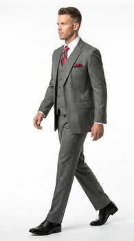 Men’s Medium Grey Classic Vested Pinstripe Suit with Jacket, Vest and Pants, Formal Dress Suit