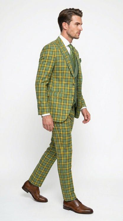 Statement - Men’s Blue and Gold Windowpane Plaid 3 Piece Wool Suit with Double Breasted Vest Modern Fit