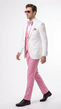 Men’s White and Light Pink Tuxedo Wedding Suit with Dinner Jacket, Vest, Pants and Bow Tie