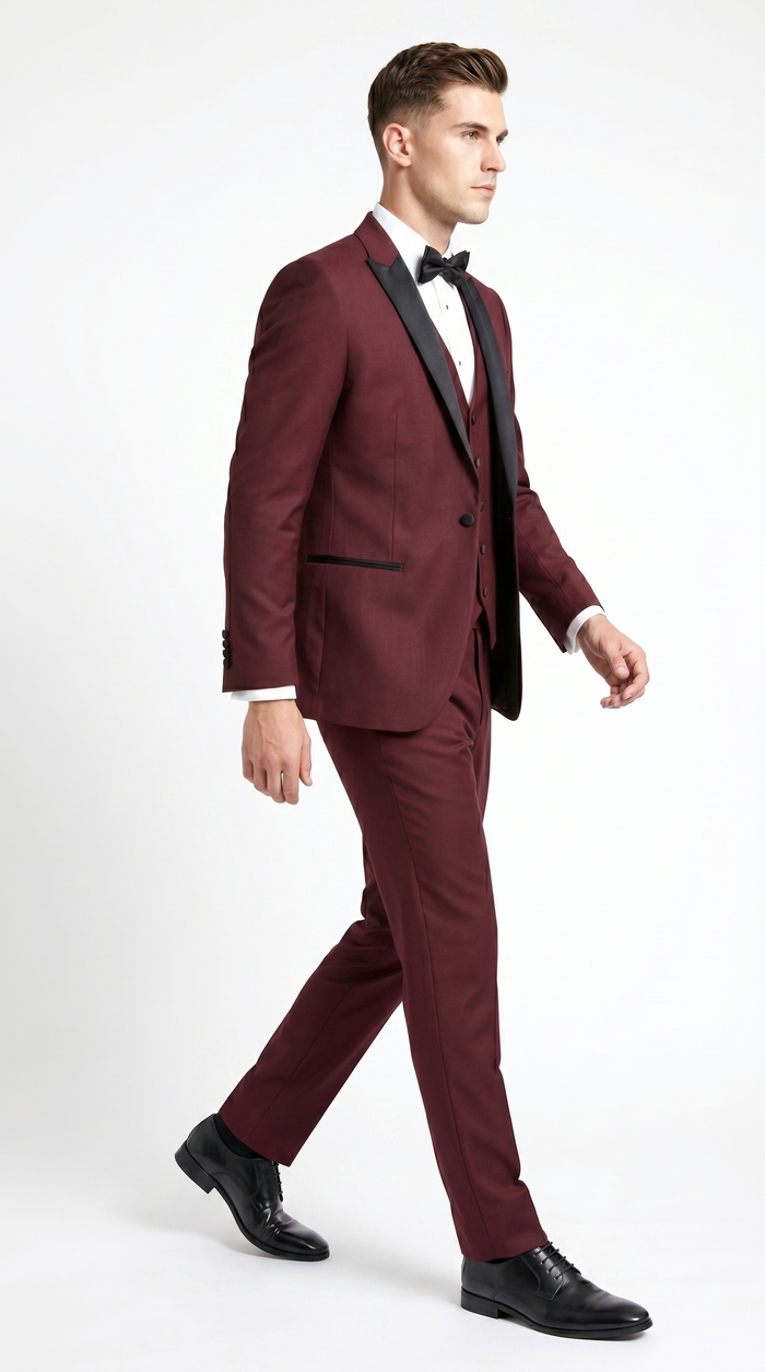 Men’s Burgundy Wine Tuxedo Suit with Black Peak Lapel, Jacket and Pants Formal Dinner Suit