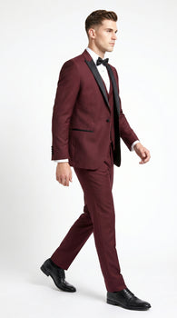 Men’s Burgundy Wine Tuxedo Suit with Black Peak Lapel, Jacket and Pants Formal Dinner Suit