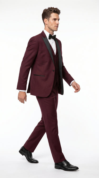 Men’s Burgundy Vested Wedding Tuxedo, One Button Jacket with Black Peak Lapel and Matching Pants