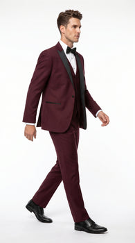 Men’s Burgundy Vested Wedding Tuxedo, One Button Jacket with Black Peak Lapel and Matching Pants
