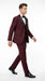 Men’s Burgundy Vested Wedding Tuxedo, One Button Jacket with Black Peak Lapel and Matching Pants