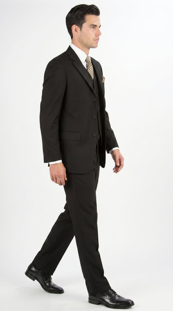 Men’s Black Three Button Poplin Suit with Classic Jacket and Pleated Pants, Formal Dress Suit