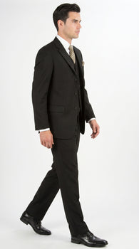 Men’s Black Three Button Poplin Suit with Classic Jacket and Pleated Pants, Formal Dress Suit