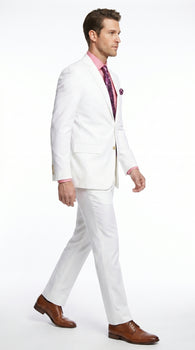 Men’s White Linen 2 Piece Suit with Two Button Jacket, Side Vents and Matching Pants