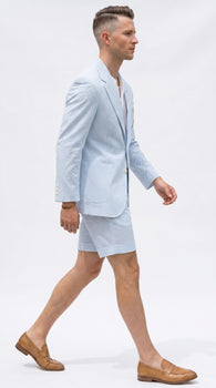 Men’s Light Blue Seersucker Suit with Shorts, Summer Mini Pinstripe Casual Dress Outfit