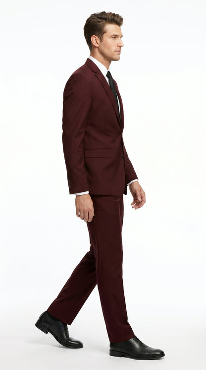 Men’s Burgundy Maroon Wine Suit with 2 Button Jacket and Matching Pants, Formal Wedding Dress Suit