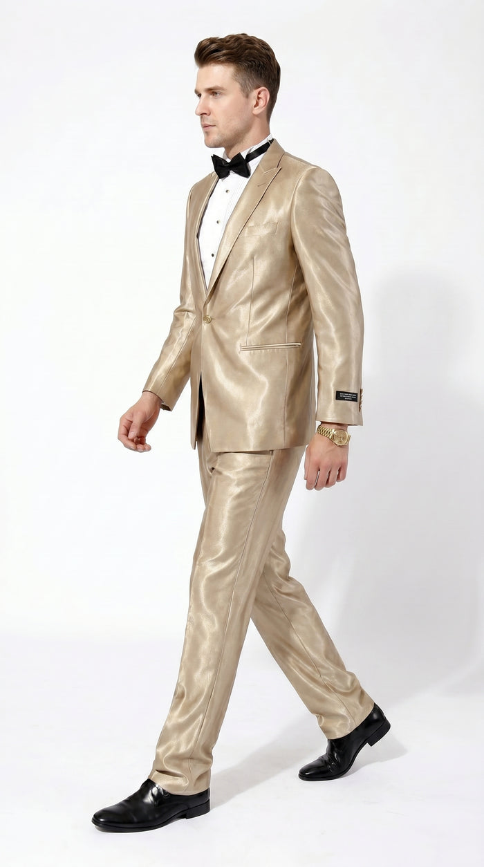 Men’s Champagne Tan Shiny Sharkskin 2 Button Suit, Formal Wedding Prom Dress Suit