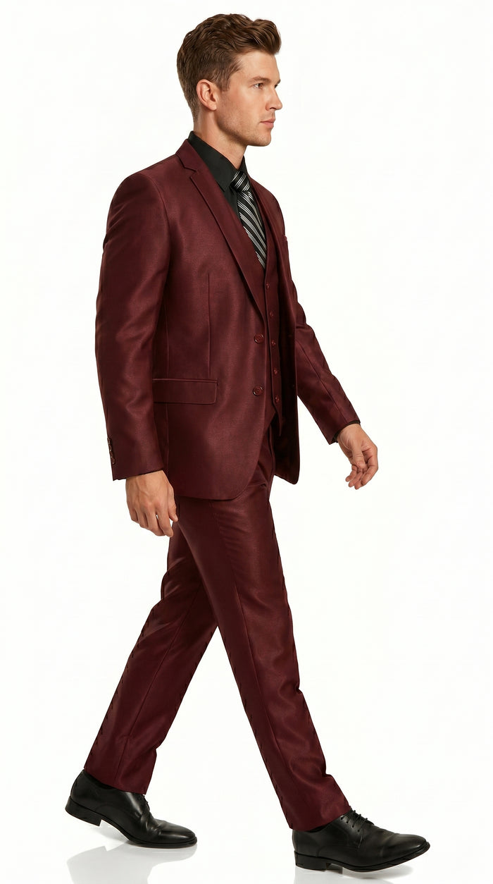 Men’s Burgundy Wine Maroon Sharkskin Vested Suit with Jacket, Vest and Pants