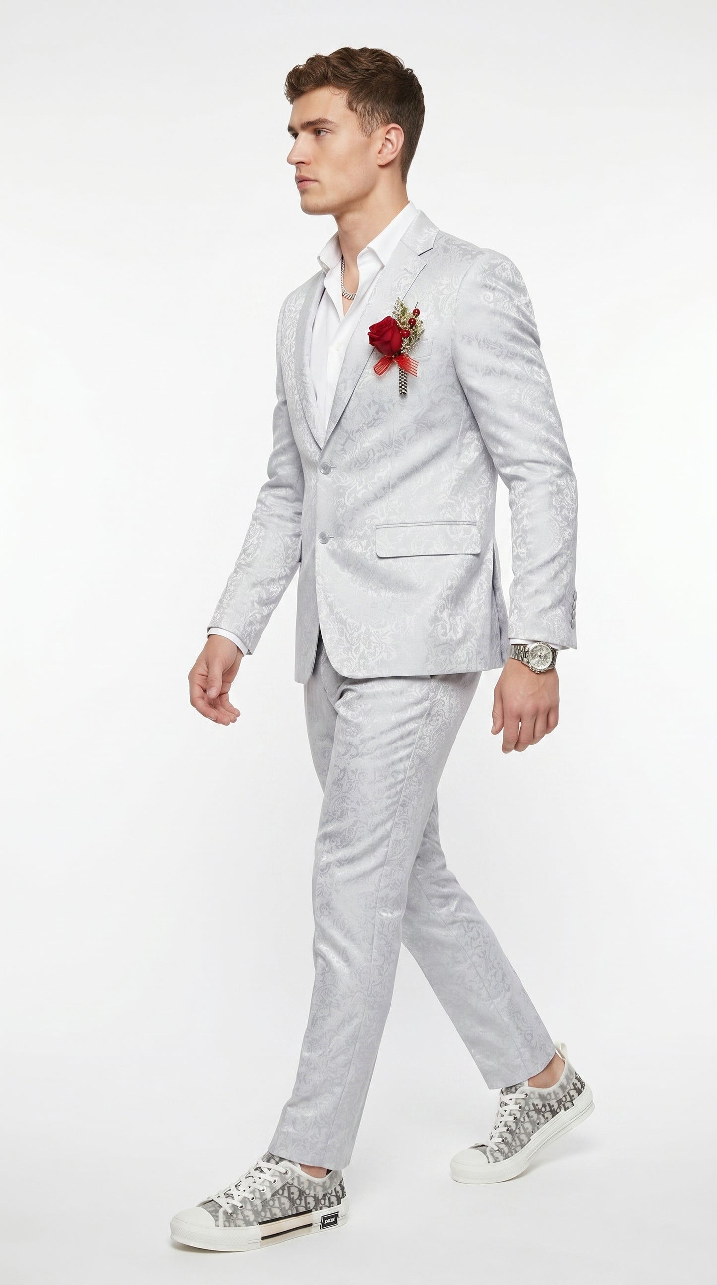 Men’s Silver Grey Shiny Paisley Graduation Suit, Formal Prom Wedding Dress Suit Modern Fit