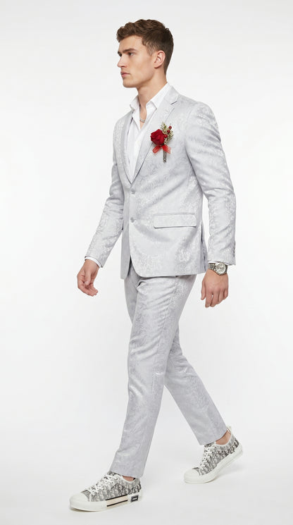 Men’s Silver Grey Shiny Paisley Graduation Suit, Formal Prom Wedding Dress Suit Modern Fit