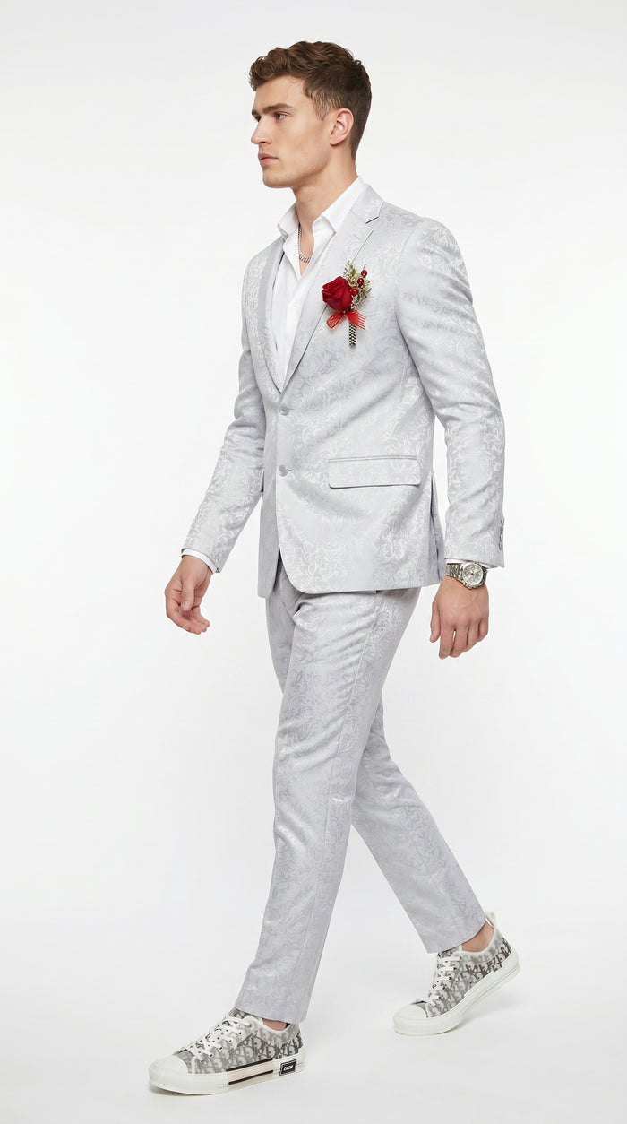 Men’s Silver Grey Shiny Paisley Graduation Suit, Formal Prom Wedding Dress Suit Modern Fit