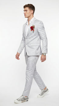 Men’s Silver Grey Shiny Paisley Graduation Suit, Formal Prom Wedding Dress Suit