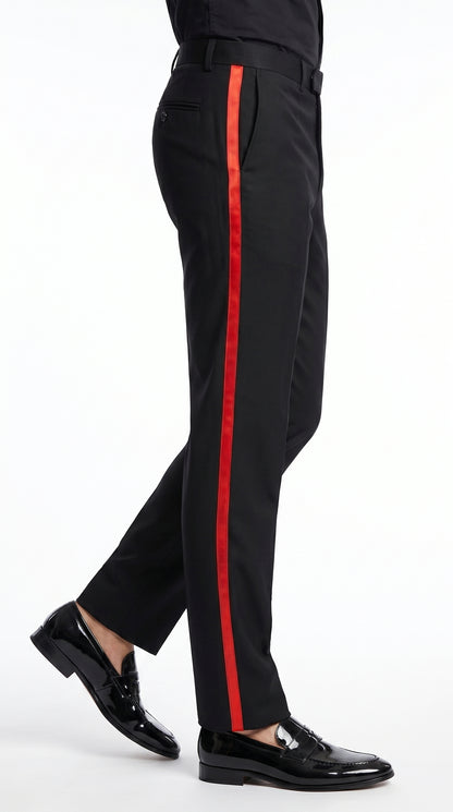 Men’s Black Tuxedo Pants with Red Satin Side Stripe, Classic Formal Slacks Unhemmed Bottom