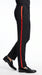 Men’s Black Tuxedo Pants with Red Satin Side Stripe, Classic Formal Slacks Unhemmed Bottom
