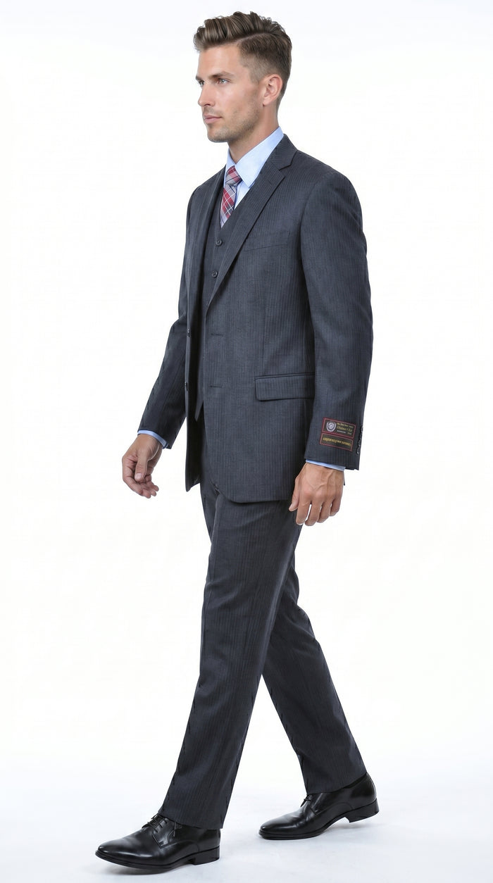 Men’s Charcoal Grey 2 Button Vested Business Suit, Formal Wedding Dress Suit