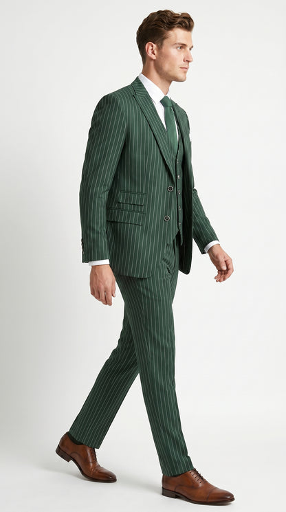 Men’s Hunter Green Great Gatsby Pinstripe 3 Piece Suit, 1920s Gangster Outfit
