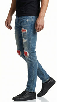 Men’s PX Indigo Denim Jeans with Quilted Red Patches, Distressed Slim Fit Fashion Jeans