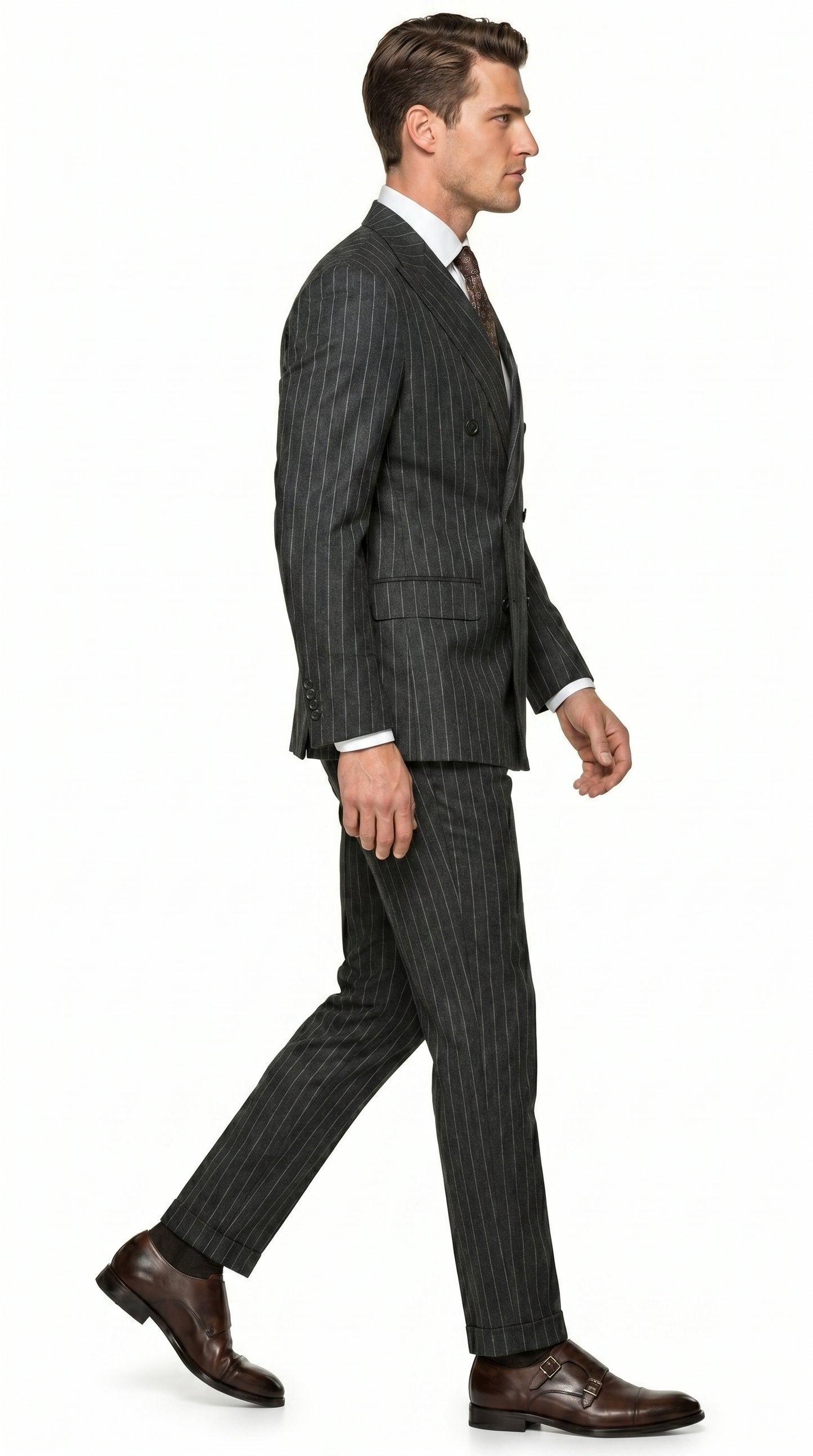 Men’s Grey Pinstripe Slim Fit Wool Suit with 2 Button Jacket and Peak Lapel