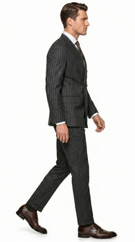 Men’s Grey Pinstripe Slim Fit Wool Suit with 2 Button Jacket and Peak Lapel