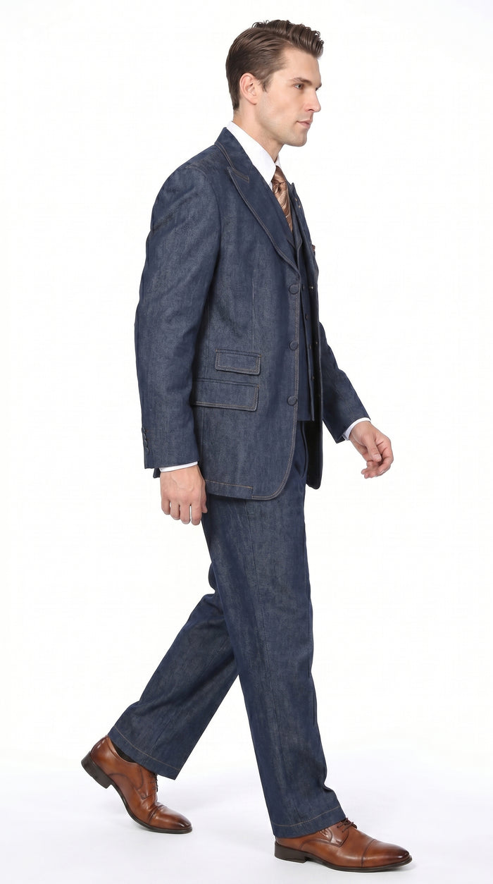 Men’s Blue Denim Zoot Suit with Long Jacket and Vest, Vintage Jeans Style Formal Outfit
