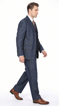 Men’s Blue Denim Zoot Suit with Long Jacket and Vest, Vintage Jeans Style Formal Outfit