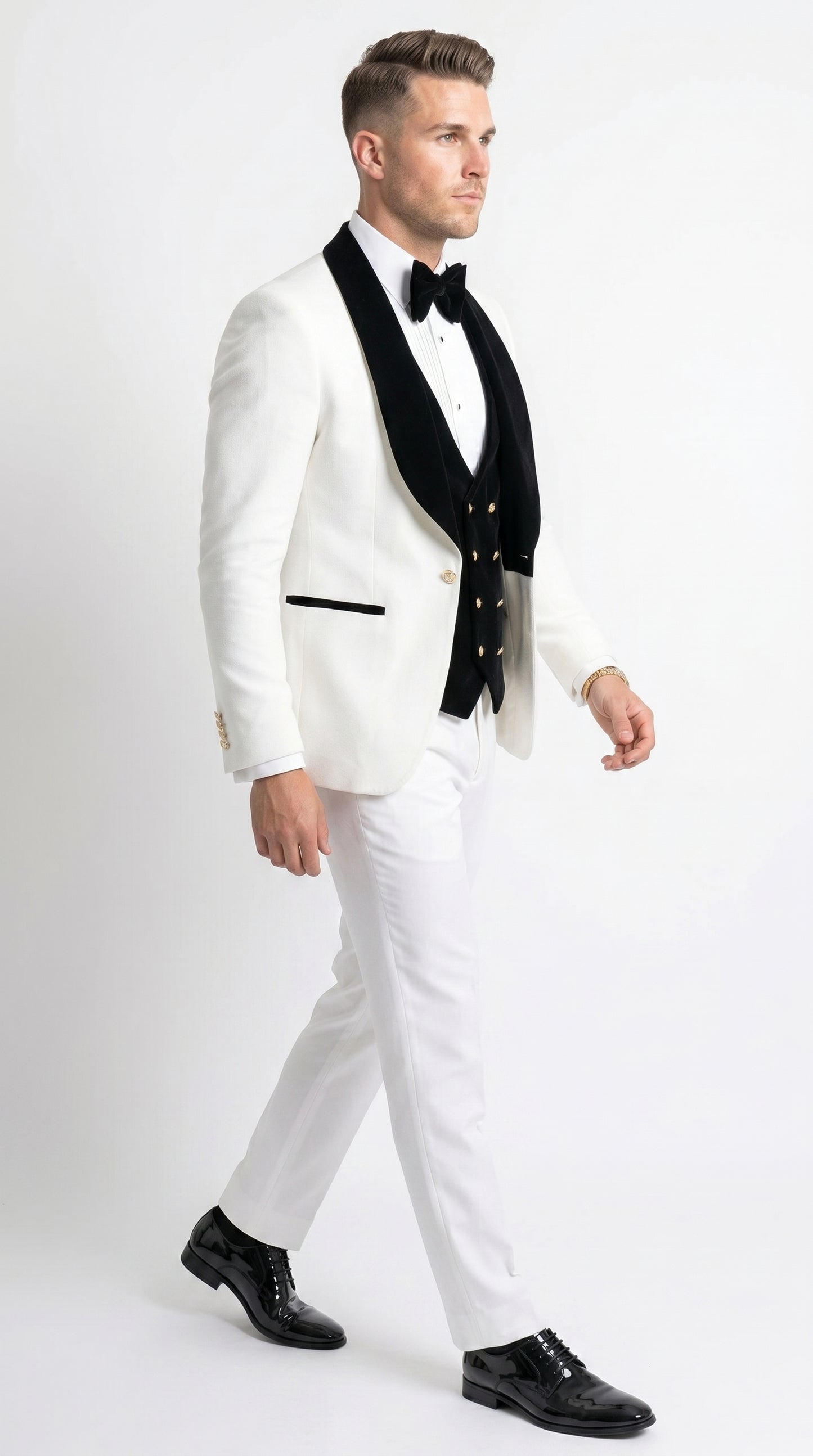 Men’s White and Black Wedding Tuxedo with Black Double Breasted Vest, Groom Prom Suit