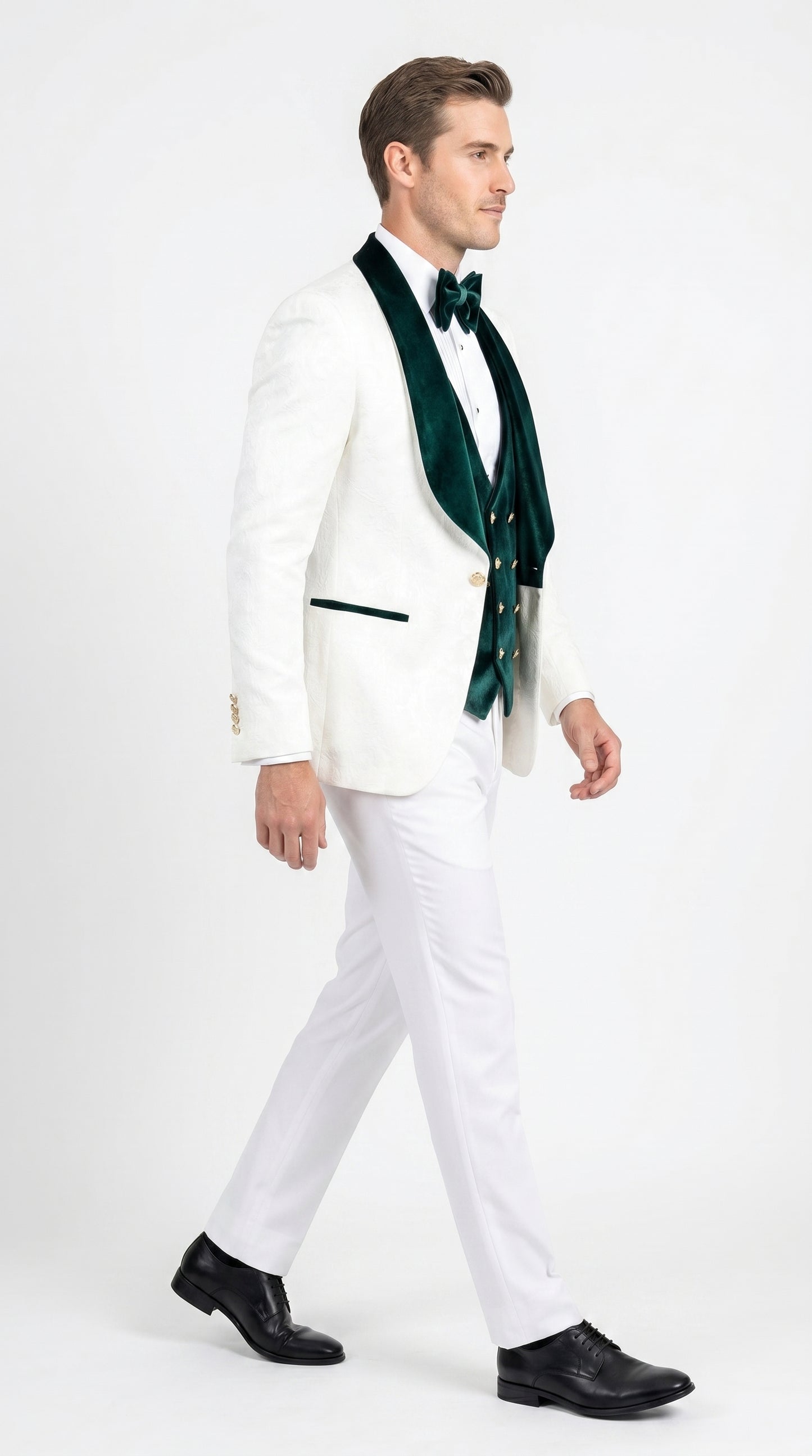 Men’s White and Dark Green Wedding Tuxedo with Double Breasted Vest, Wool Groom Prom Suit