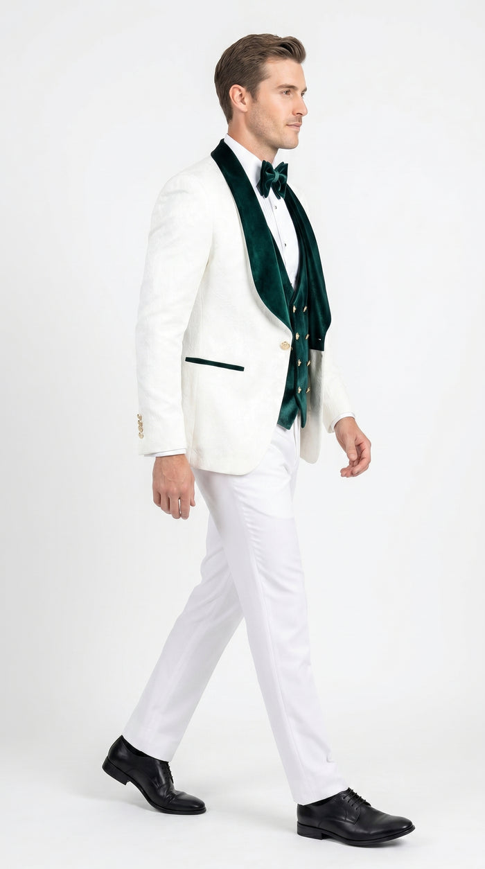 Men’s White and Dark Green Wedding Tuxedo with Double Breasted Vest, Wool Groom Prom Suit