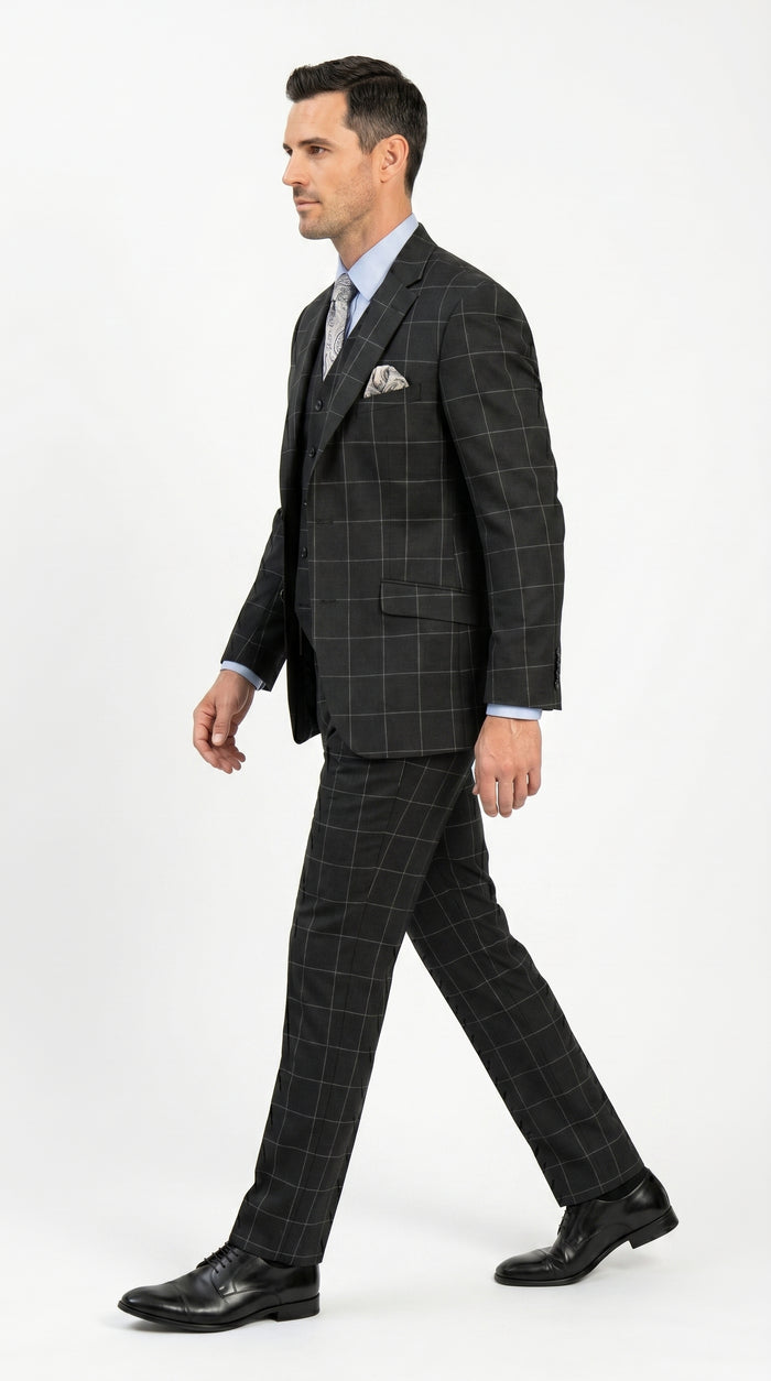 Men’s Black Windowpane Plaid 3 Piece Suit, 1920s Inspired Formal Dress Suit