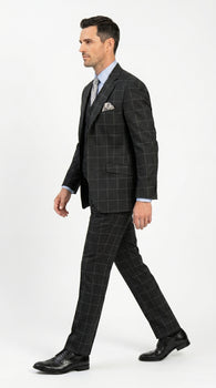 Men’s Black Windowpane Plaid 3 Piece Suit, 1920s Inspired Formal Dress Suit