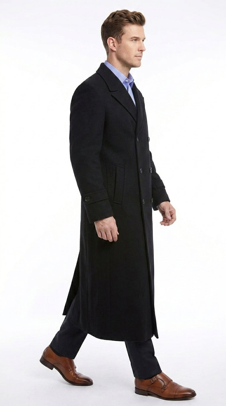 Men’s Black Diamond Solid Black Wool Double Breasted Gabardine Trench Coat