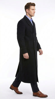 Men’s Black Diamond Solid Black Wool Double Breasted Gabardine Trench Coat
