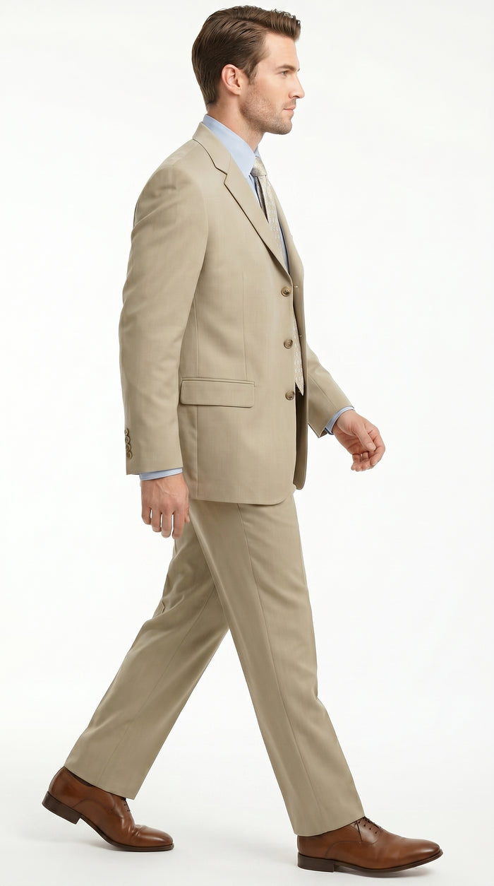Men’s Khaki Light Tan Dress Suit with Jacket and Pants, Classic Fit Groomsmen Wedding Suit
