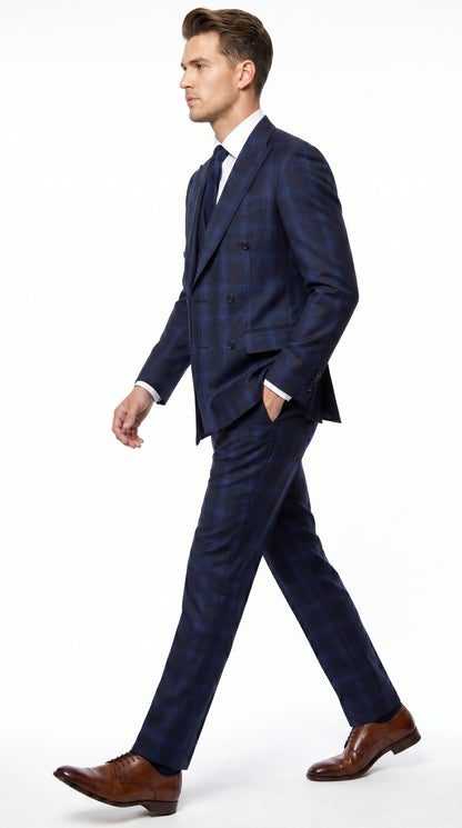 Men’s Indigo Sapphire Blue Plaid 3 Piece Suit with Double Breasted Vest, Slim Fit Windowpane Suit